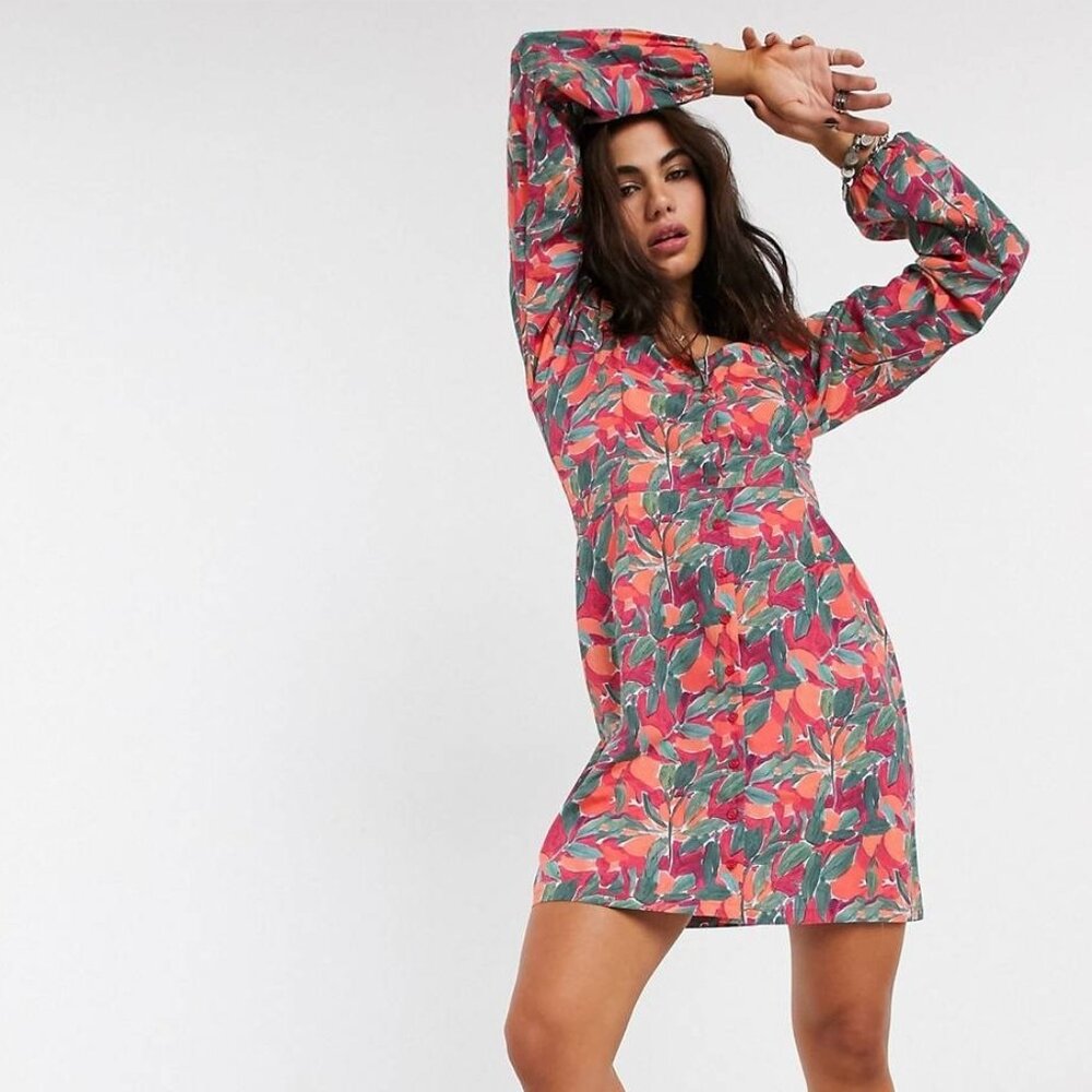 Square neck mini dress  Multi color including orange, red, pink and green.